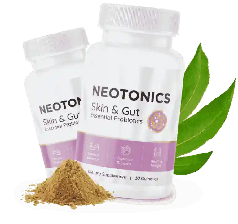 Two bottles of Neotonics Skin and Gut probiotic gummies