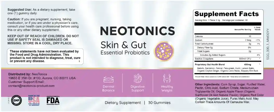 Neotonics official Supplement Facts and ingredient label